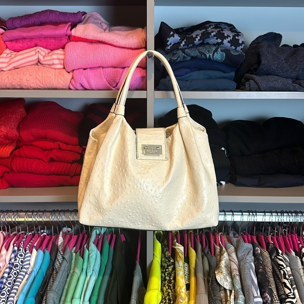 Kate Spade ivory ostrich like embossed leather shoulder bag